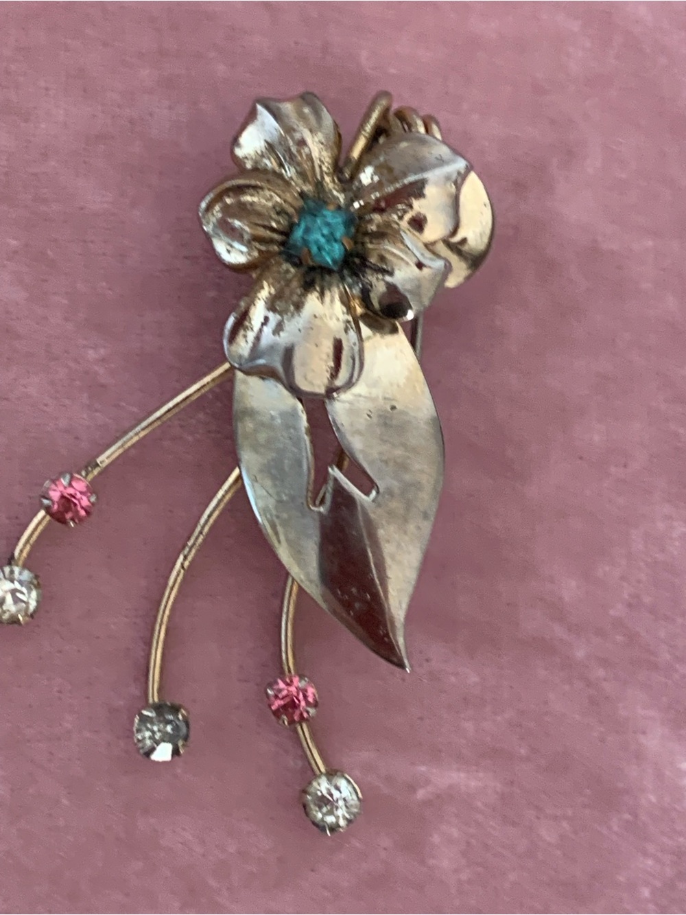 Silver Floral Brooch with Pink and Blue Accents